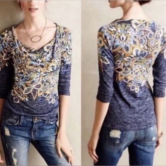 Anthropologie Postmark Jacaranda Floral Knit Top Womens Small‎ Draped Cowl Neck - Picture 2 of 8